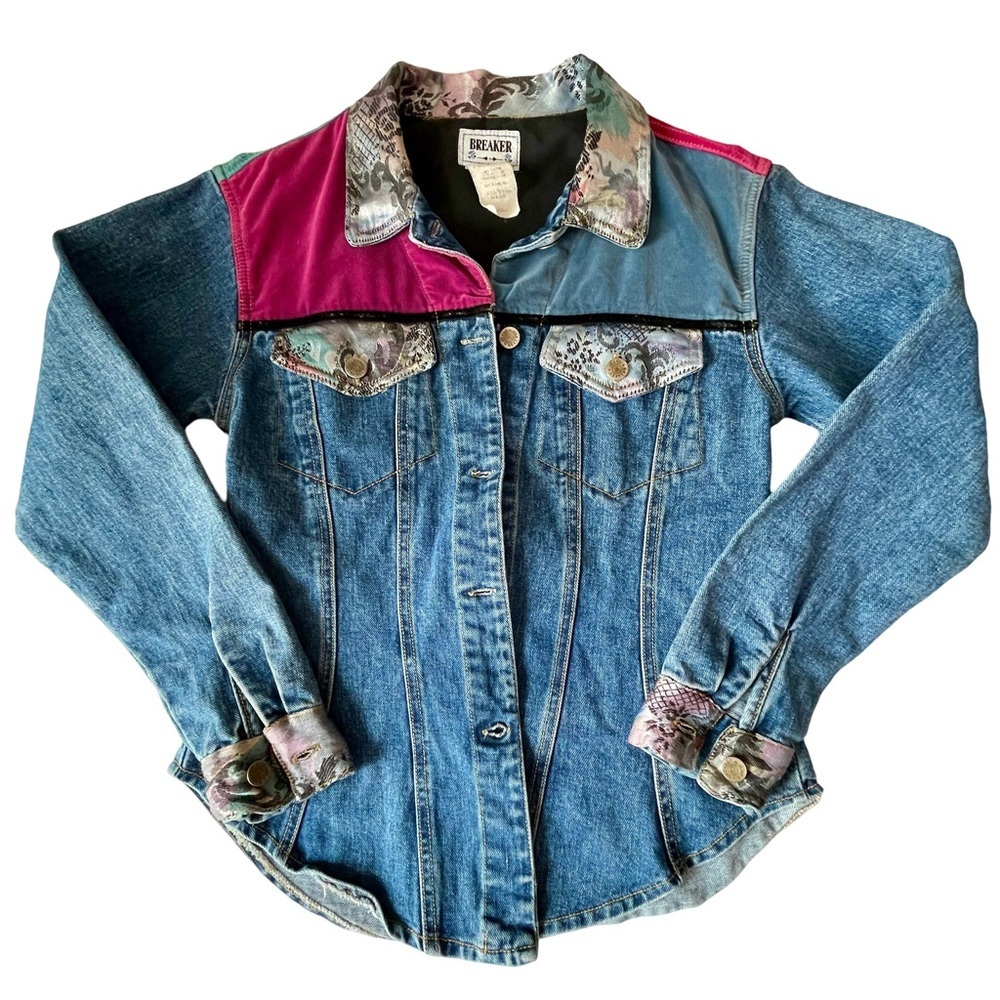 Breaker Denim Button Up Patchwork Jacket Szs Tape… - image 7